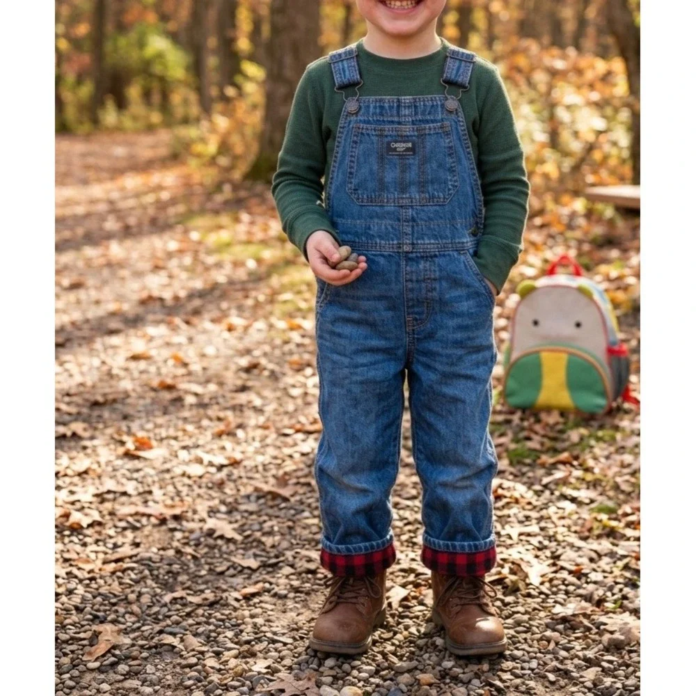 OshKosh Bgosh Boys 5T Flannel Lined Denim Overall BuffaloPlaid Blue Red 21602610